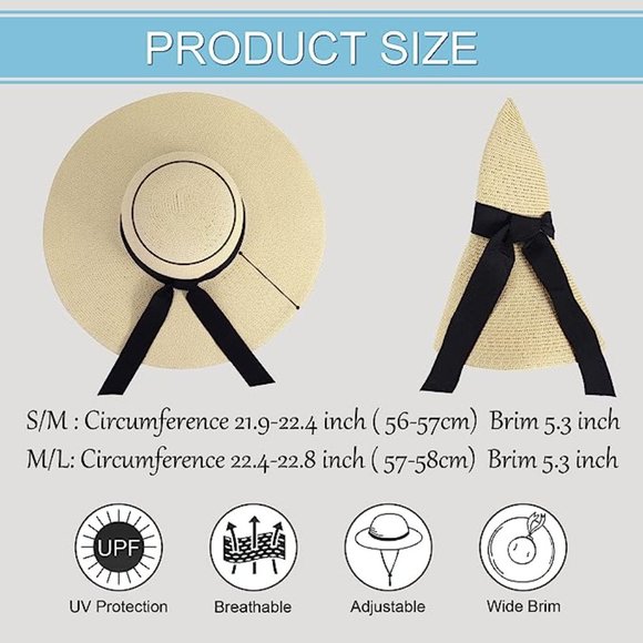 Women’s Straw Sun Hat Floppy Wide Brim Foldable UV Protection Mix Beige S/M-L/XL - Picture 3 of 6